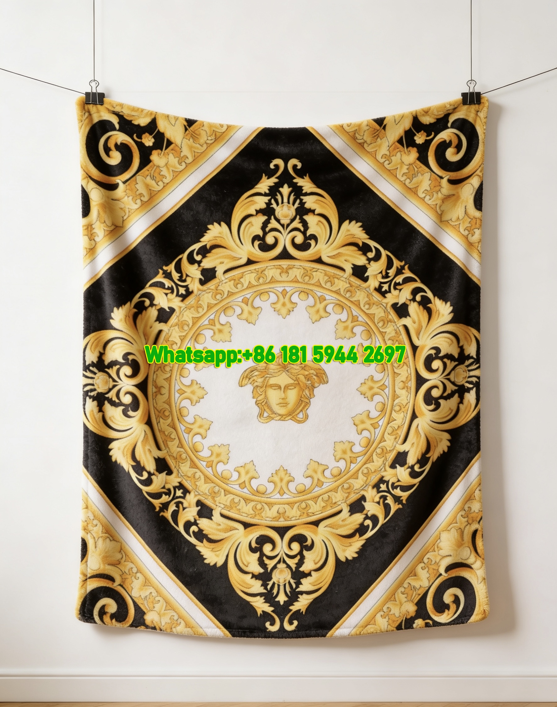 Versace Black White Gold Medusa Baroque Scroll Print Flannel Sofa Throw Blanket IMG_1317